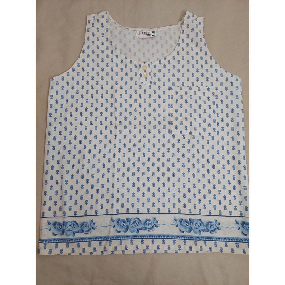 Vintage Gitano Floral Summer Tank Top Blue White Cottagecore Prairie Button M/L
